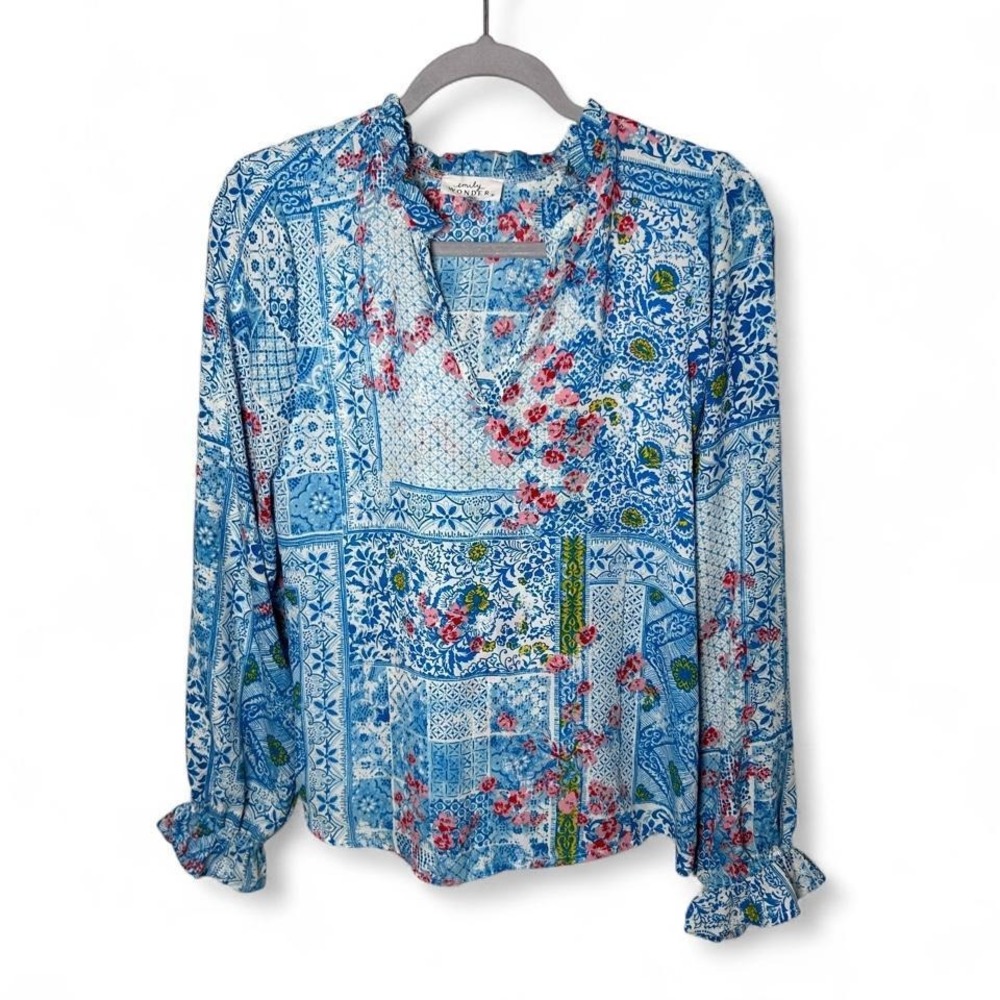 Emily Wonder blue floral sheer blouse with long sleeves and button-up front M